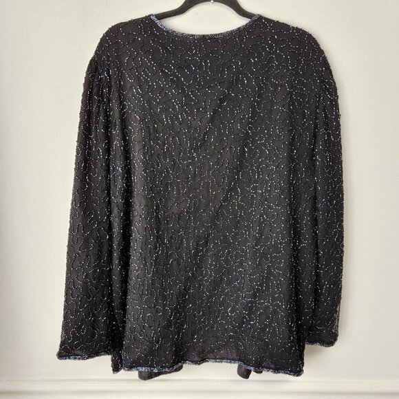JMD Vintage 100% Silk Beaded Open Front Cardigan Black Jacket Women's XL - Picture 2 of 8